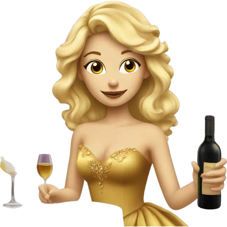 beautiful blond princess in a golden dress drinking wine emoji