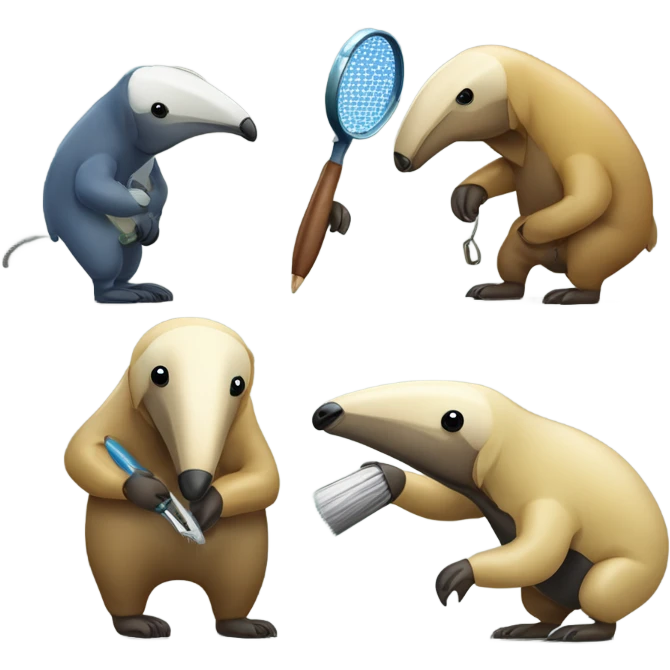 four anteaters. one anteater with a paint brush, one anteater with a magnifying glass, one anteater with computer with code, and one anteater talking to a robot emoji