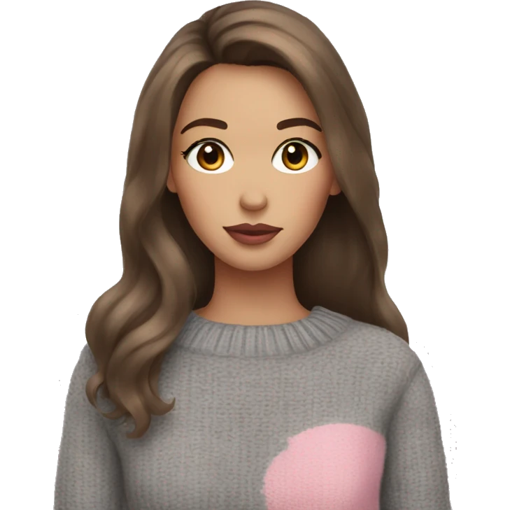 Brown hair, long eyelashes, pink lips. and a grey sweater. emoji