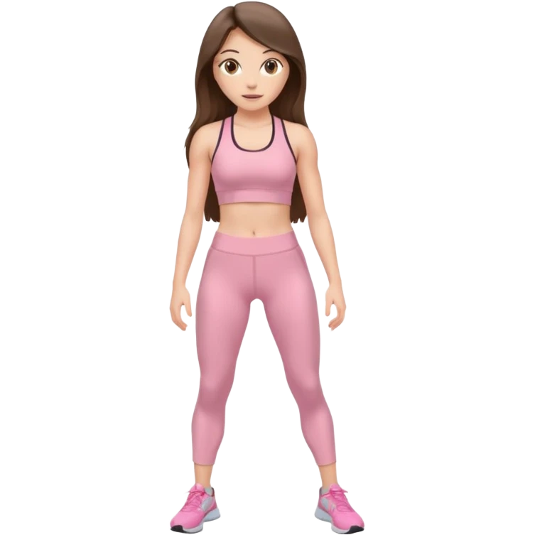 white brunette girl long hair with hazel eyes in light pink workout with abs clothes standing  emoji