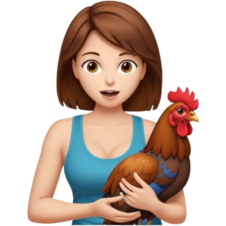Brown hair very large boob Woman open mouth tank top holding one rooster emoji