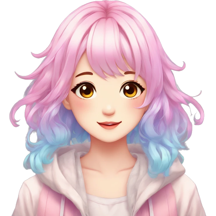 Gorgeous anime style shojo character with blushing face aesthetic and pretty colorful shiny gradient pastel hair with hair garment trending style emoji