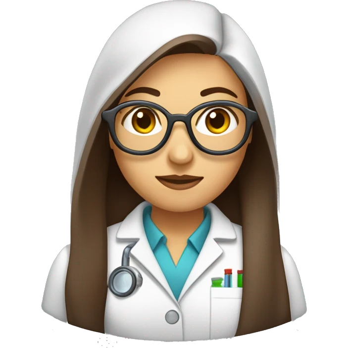 Female scientist emoji with long straight brown hair, round glasses, and a lab coat, facing forward like the original scientist emoji 👩🏻‍🔬 emoji