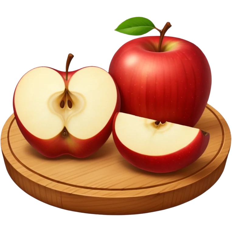 A round wooden board with a whole apple and several slices on it, with a soft glow emoji