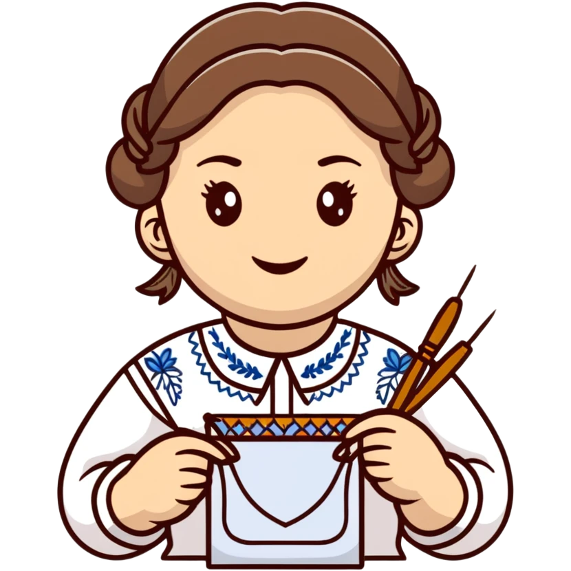 Ukrainian young girl wearing a white traditional embroidered shirt (vyshyvanka) smiling and holding sewing tools emoji