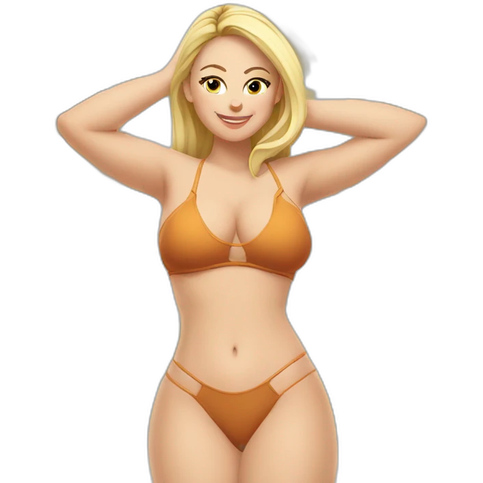 Slim-thicc Caucasian woman bikini hands-in-hair pose (beach body) full body emoji