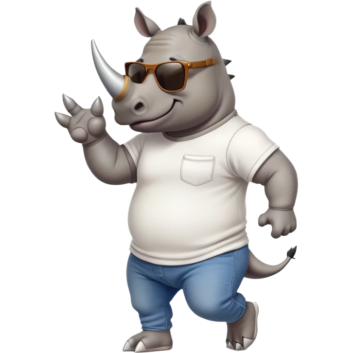 friendly anthropomorphised rhino in jeans and t-shirt, wearing dark sunglasses, jogging upright, relaxed pose emoji