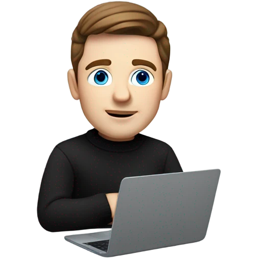     memoji of a man with a laptop in front, apple-style,modern,brown hair,black sweater,computer in hand,white skin, blue eyes an avatar image gonna be round  emoji