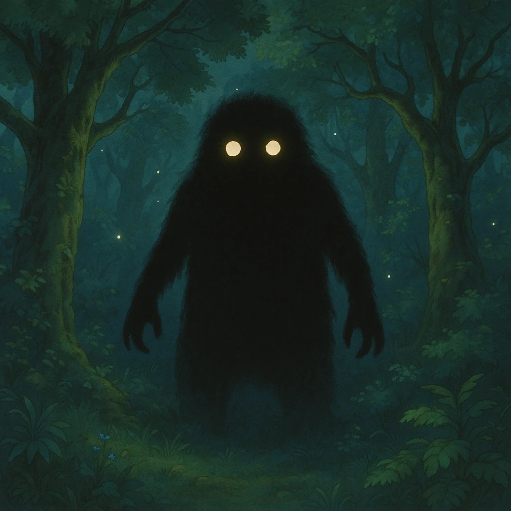 mysterious shadowy monster with glowing eyes in a magical forest background in ghibli style emoji