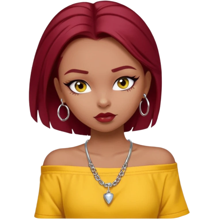 generate a pretty bratz girl in , dark brown eyes. Dark red hair straight long. wearing a yellow oversized tee falling off her shoulder, dainty silver necklace, silver hoops, septum piercings. big eyeliner emoji
