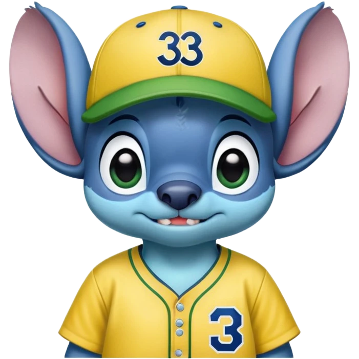 Stitch with a yellow and green baseball jersey with 33 royal greys and a cap emoji