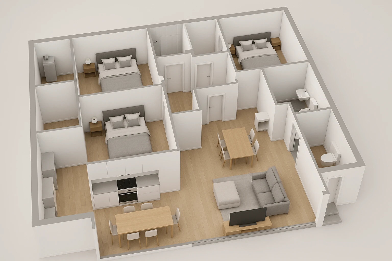 Create a hyperrealistic 3D floor plan based on the provided blueprint. Include furniture and divisions as indicated: kitchen, dining table, living area with sofa and TV, service bathroom, and a 2.55-meter glass window in the marked position. Style it as a professional architect's project render. Show 10 different perspective views of the 3D floor plan. No external background, only the 3D floor plan itself. emoji