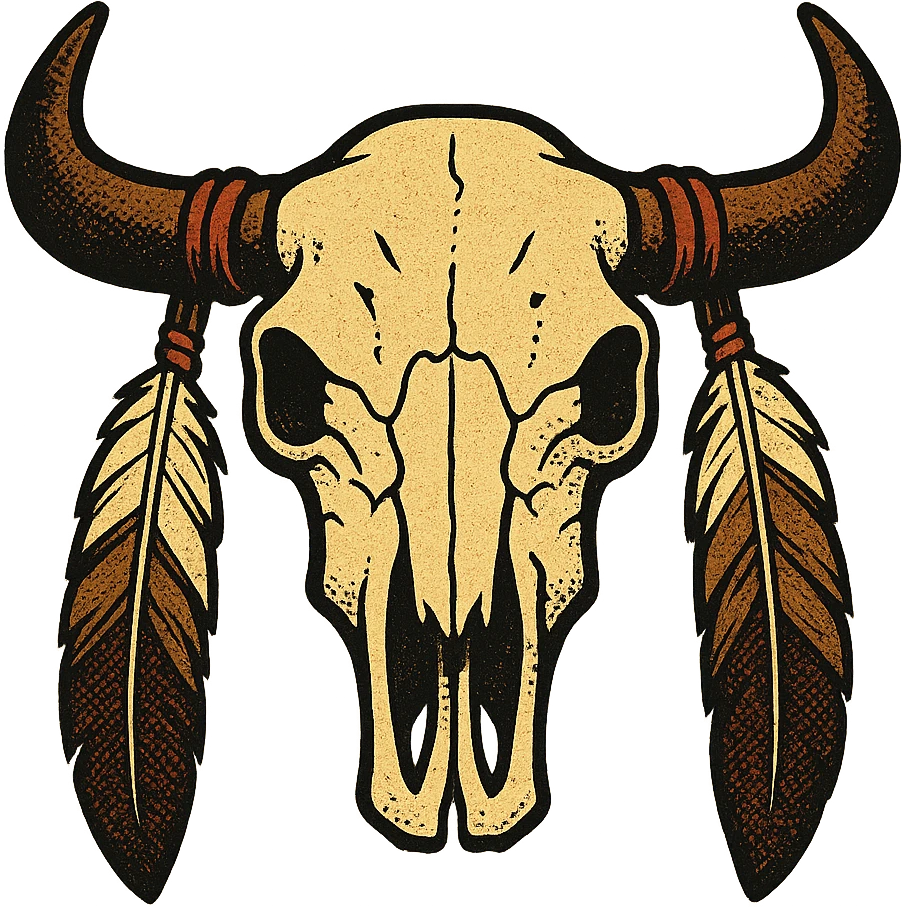 A native American buffalo skull with feathers hanging from both horns. Make the skull symmetrical facing the front emoji