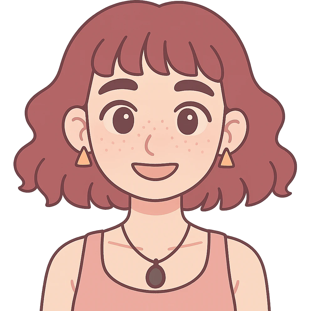 white woman with freckles, teardrop nose piercing, wavy wine hair to shoulders, short bangs, triangular earrings, black stone necklace, tank top, thick eyebrows, large brown eyes, anime style, sensual emoji