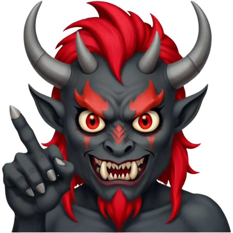 демон с чёрной как уголь кожей, красными клыками, двумя красными рогами торчащими у него изо лба, красной гривой и глазами показывает пальцем в нас emoji