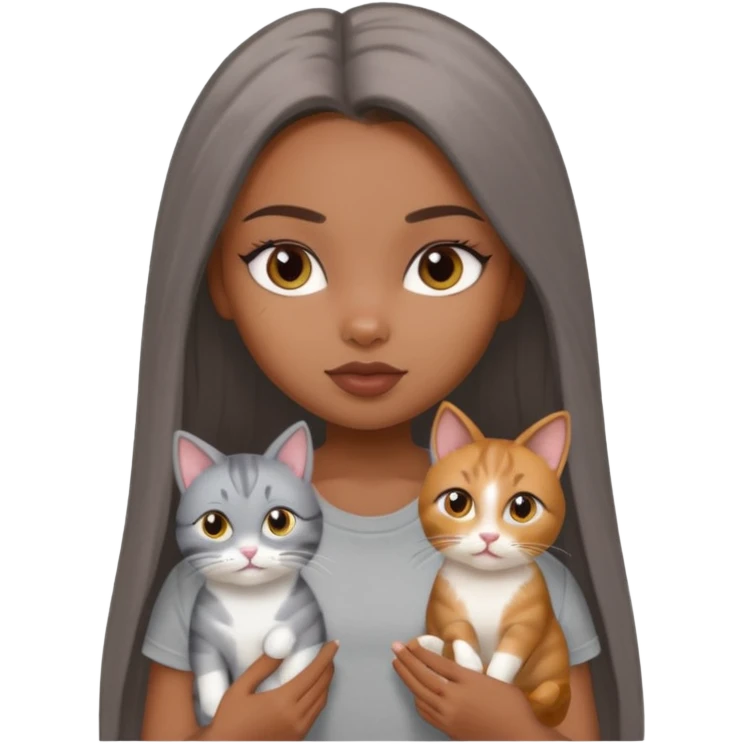 a pretty bratz dusky girl with long straight hair with 2 cats nd wearing a grey tshirt emoji