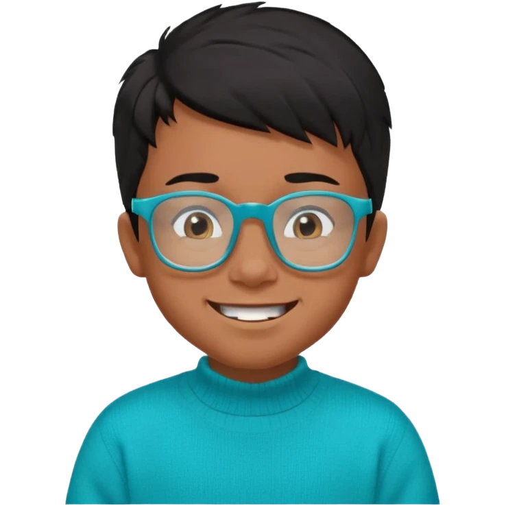 Chico de 7 años, pelo negro y repeinado pero con volumen hacia arriba, piel marrón, gafas cuadradas azules, sonriente y sin 1 diente, jersey verde turquesa y ojos muy rasgados, Y NADA redondeados, NO REDONDOOOOOOOOOOO ESO 0 emoji
