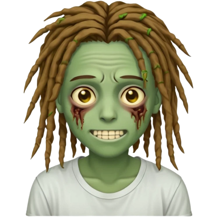 zombie teen with brown dreads covering forehead white tee golden eyes light green skin  and white smile emoji