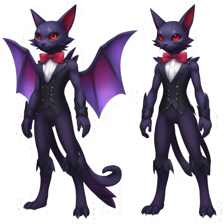 cool anthro kawaii black purple red ethereal fantasy beautiful elegant nargacuga-Noivern-cat-Fakemon collar harness bow tie and bracers full body emoji