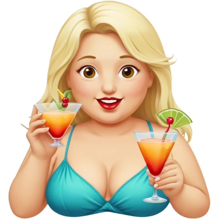 Silly, chubby, long Blonde hair middle aged woman on beach with cocktail emoji