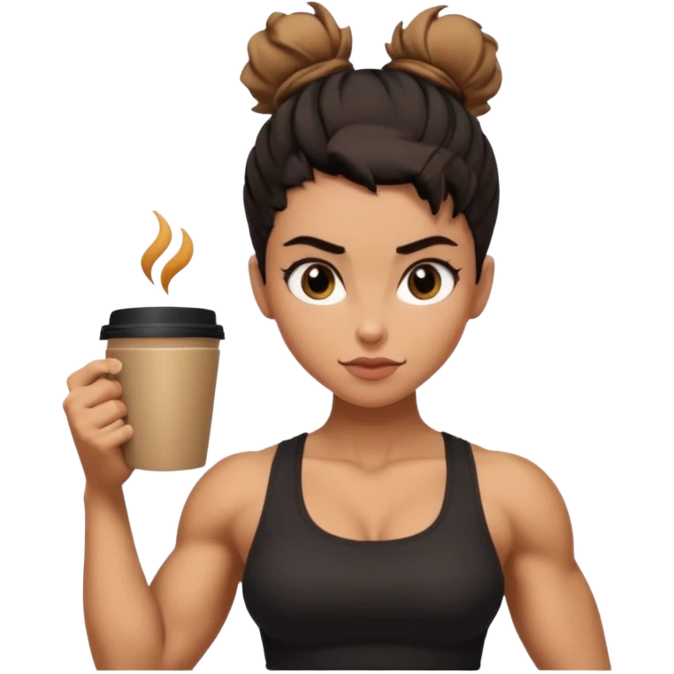 Caramel skinned toned female with black messy bun and coffee colored almond shaped eyes; flexing muscular toned biceps emoji