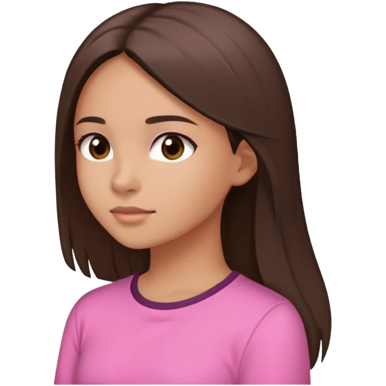 Feminine girl with light brown skin, dark straight long hair and dark eyes, wearing a pink shirt, profile picture style emoji