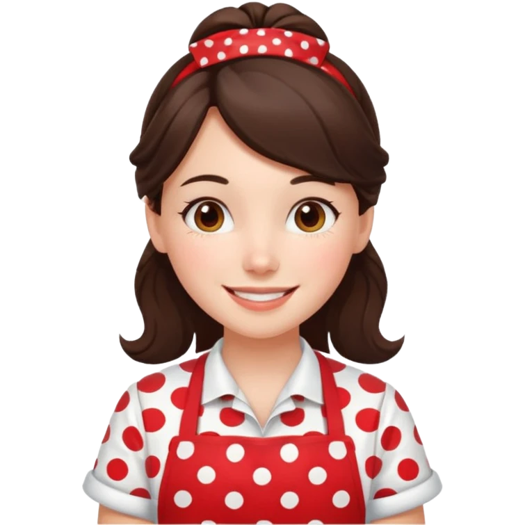 A brunette housewife girl in a red apron with white polka dots. Smiling  emoji
