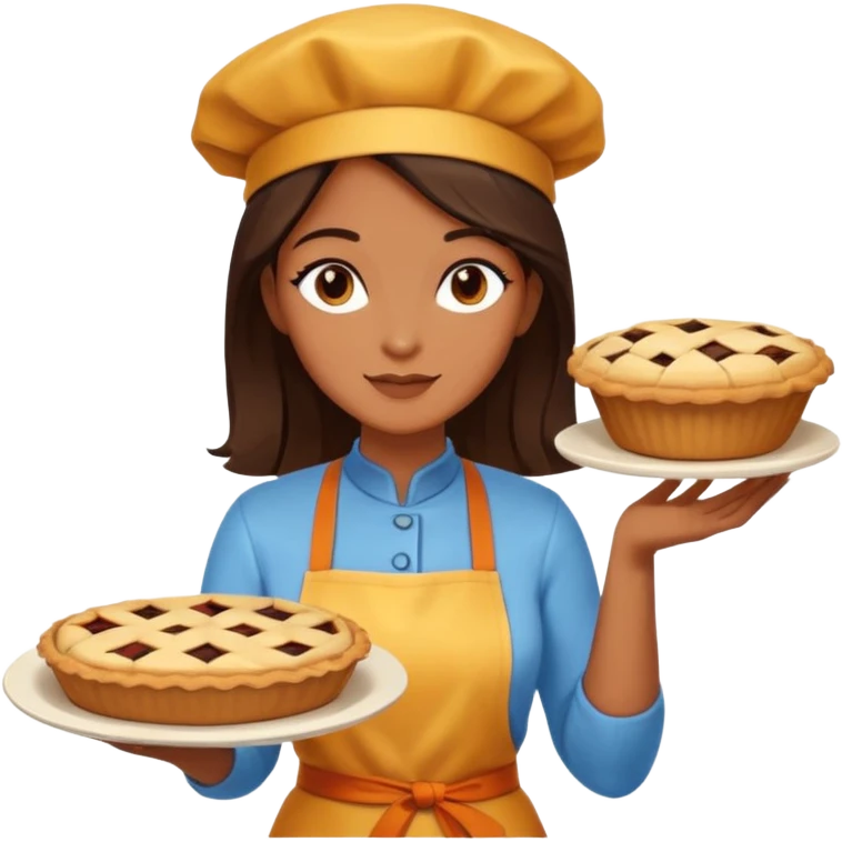 Baking community woman avatar in vibrant style illustration. Pie, cookie, and muffin warm golden tones, simple shapes, flat design, high contrast. emoji