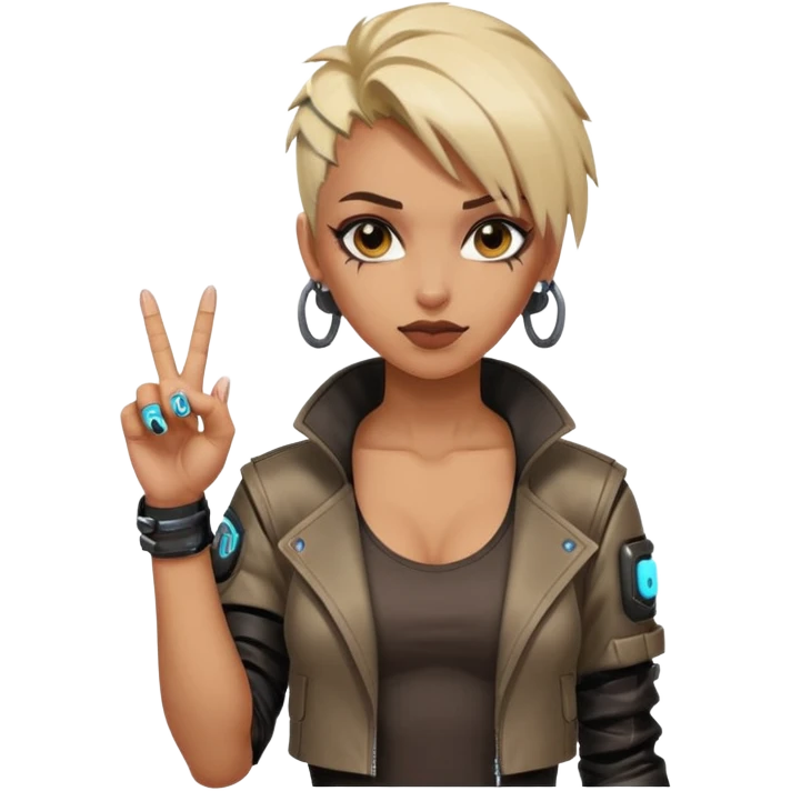 Woman with her tongue out in cyberpunk clothing and giving the middle finger. Looking naughty. emoji