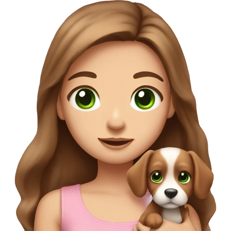 Pretty girl with long brown hair with green eyes holding a very cute puppy show her whole upper body and let her wear a cute pink top emoji