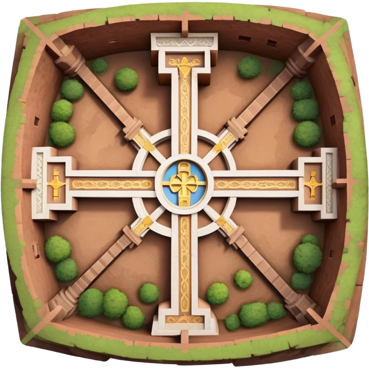 top-down cross view of the Church of Saint George in Lalibela, Ethiopia, iOS emoji style, emphasize cross-shaped roof, stone texture, simple colorful clear features emoji