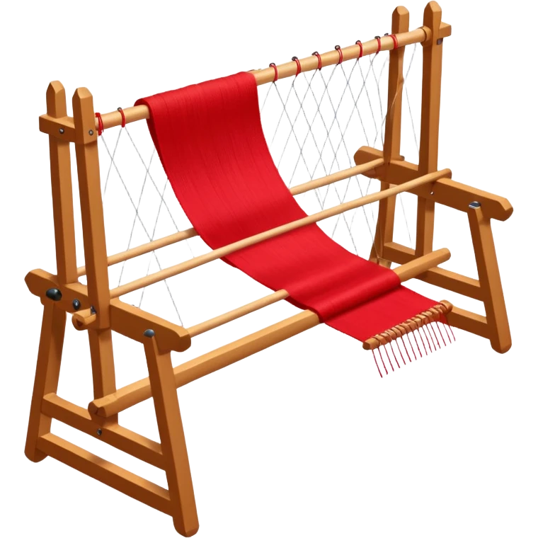 rigid heddle weaving loom set up for weaving a bright red scarf, with red yarn on a stick shuttle laying across the warp threads emoji