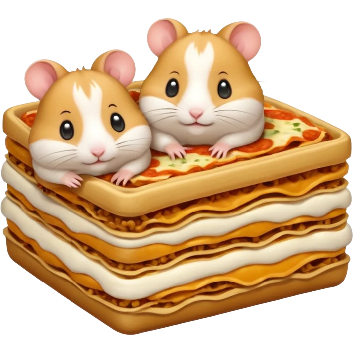 cartoon-style hamster sharing lasagna with other cartoon-style hamsters emoji
