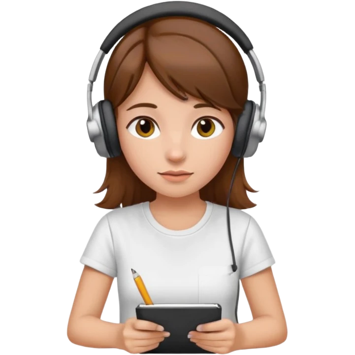 brown-haired girl wearing white t-shirt, headphones, writing in notebook, apple emoji style, no background, no text emoji