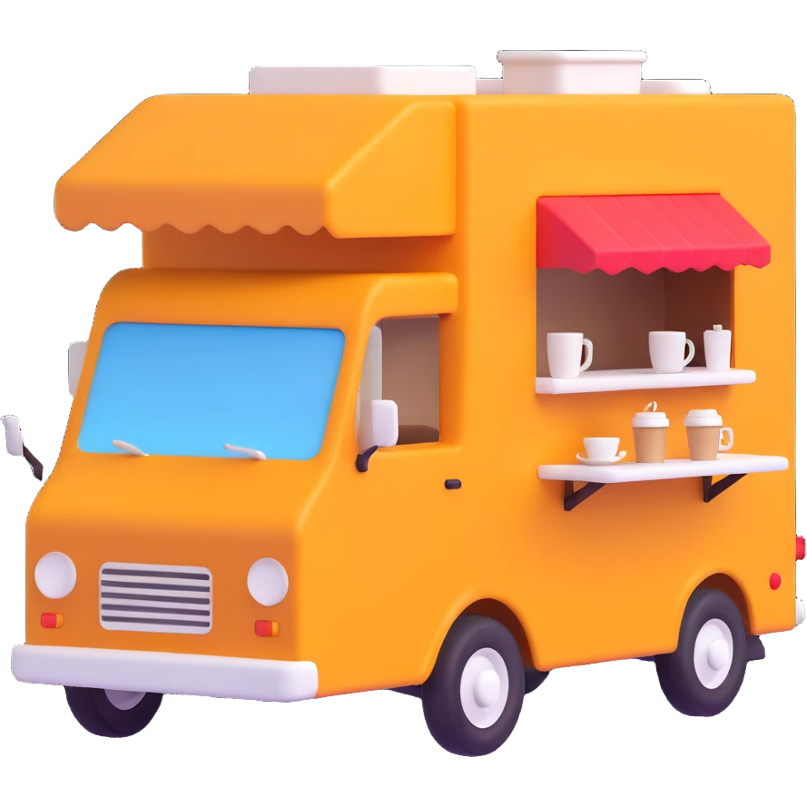 Turn this orange coffee truck into a simplified, cute 3D emoji style with soft lighting and no background. emoji