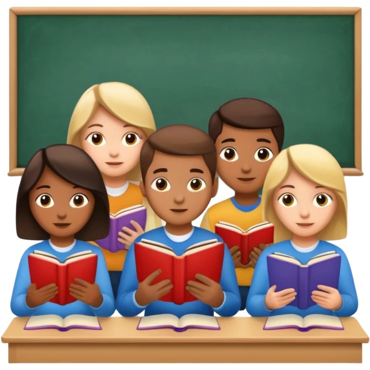 group of five students reading books in a classroom emoji