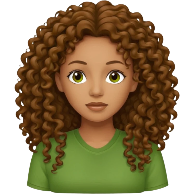 Melanie Brown with long brown curly hair, green shirt emoji