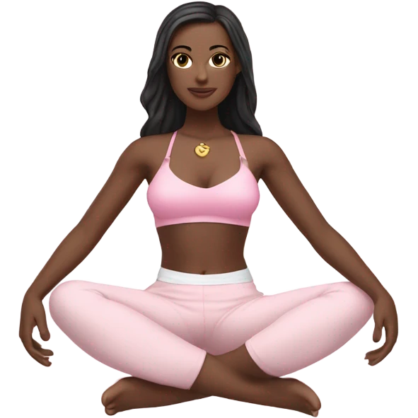 A white girl with brown eyes and black long hair,  is sitting in a lotus position in a pink bra top and short white skirts emoji