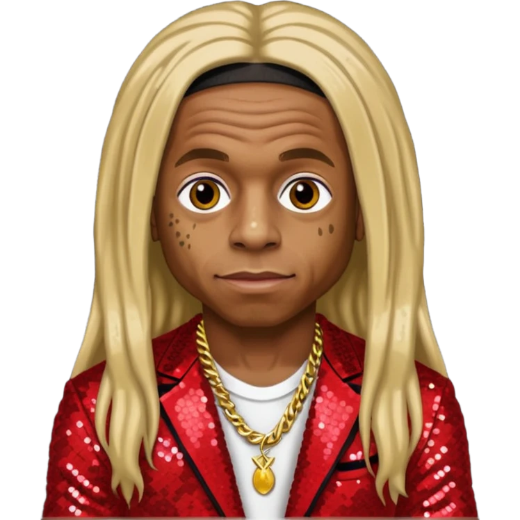 Lil Wayne with long dark blonde hair, red sequin outfit emoji