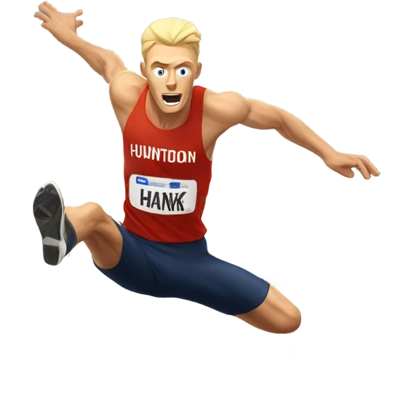 Blonde tall skinny man jumping hurdles in a Huntingdon Hawk track uniform emoji