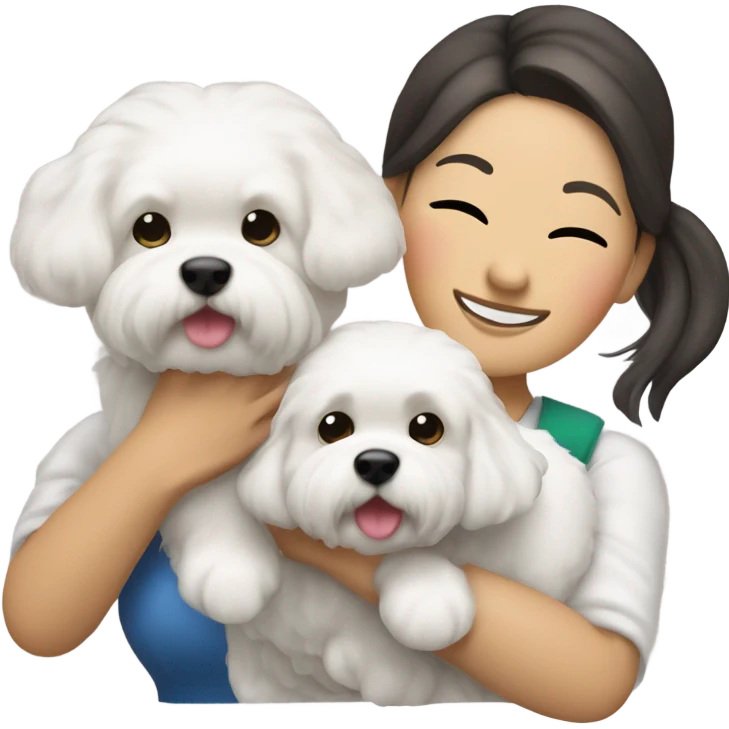 Hair-in-a-bun traveling Asian woman carrying a happy and cute bichon frise emoji