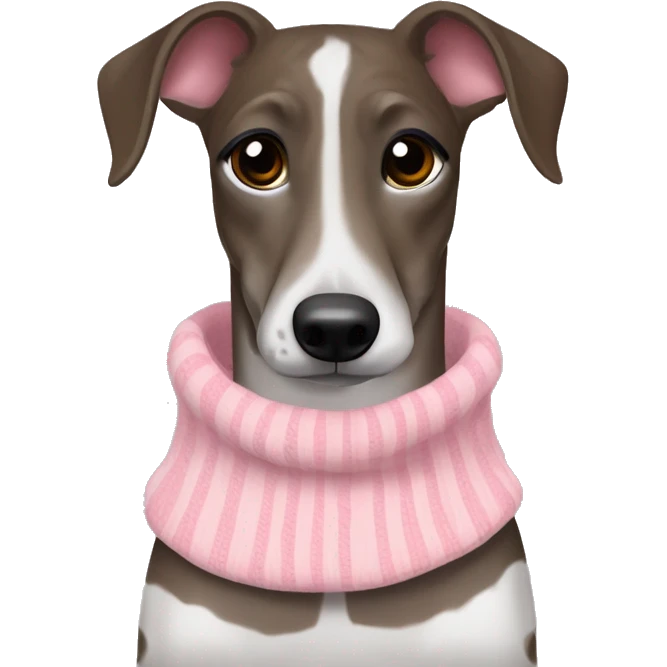 Brindle whippet brown red and black striped with large white spots on neck and stripe on face, wearing pink sweater emoji
