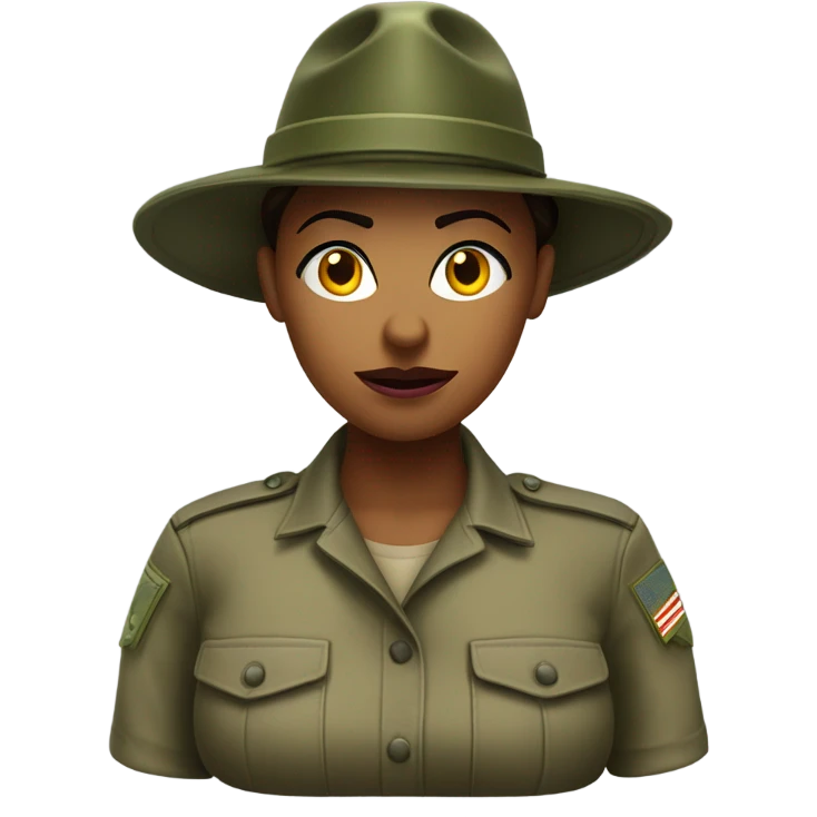 a female drill sergeant character wearing a classic sergeant hat and a camouflage army shirt. The character should have an angry intense expression. full torso emoji