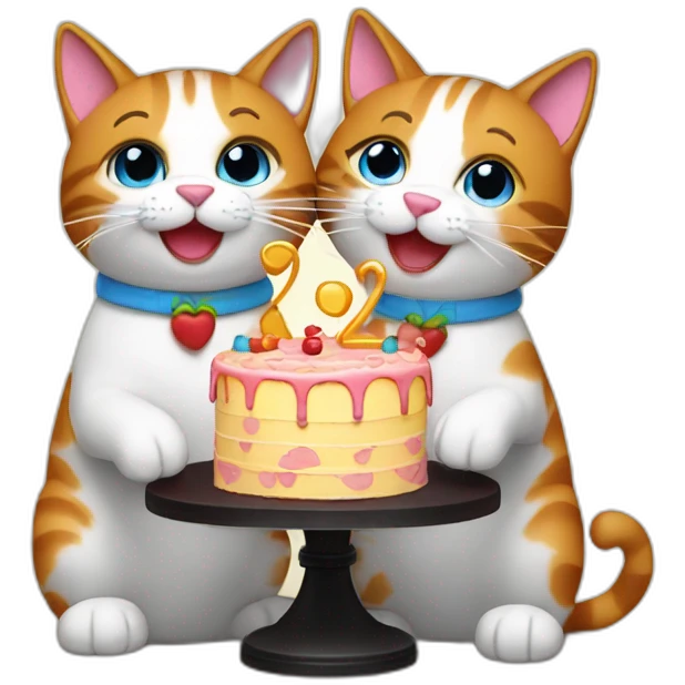 two cats celebrating their 9 year anniversary with a cake emoji