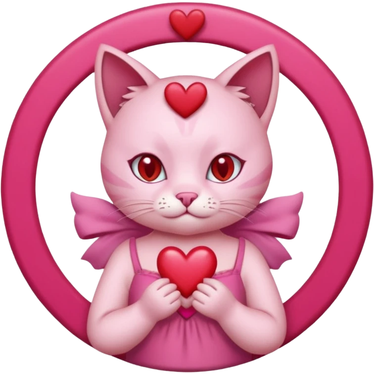 a pink cat who is doing this 🫰 and she has like red hearts around her head like a angel circle. the cat is going to have on a dark pink dress with a bow. emoji