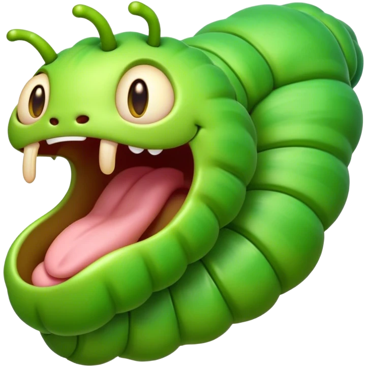 Cinematic Realistic Cute Yawning Caterpillar Portrait Emoji, Head tilted slightly with a dramatic, wide-open yawn, showcasing a soft, downy segmented body in vivid green with subtle drooping and half-closed, drowsy eyes, rendered with intricate natural texture and gentle shadows, high shine, relaxed yet expressive, styled with a dash of woodland charm, soft glowing outline, capturing the essence of a sleepy yet affectionate caterpillar that appears ready to stretch out and rest among the leaves! emoji