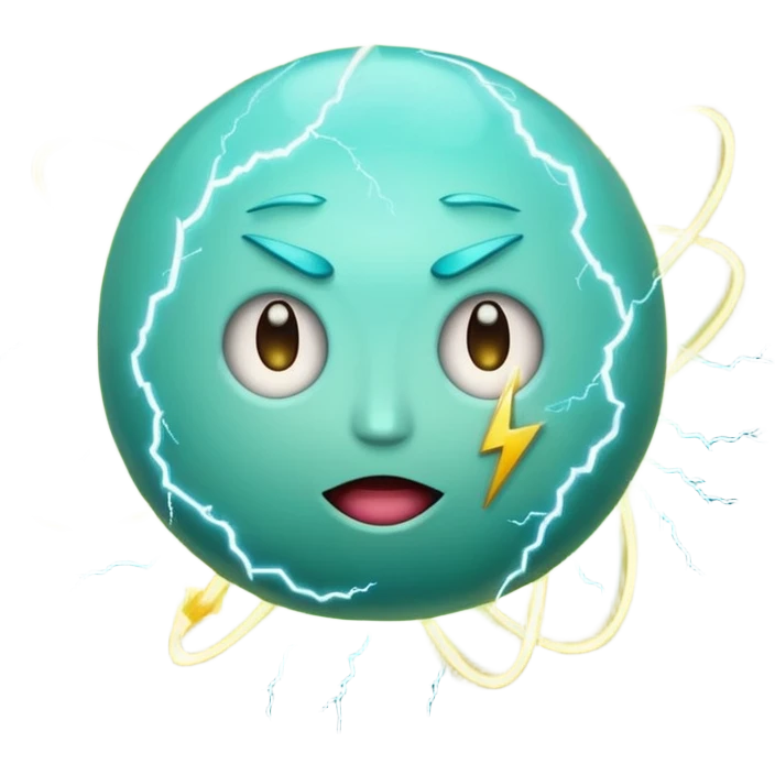 Uranus planet emoji with a quirky face, blue-green hues, dynamic rings, electric sparks and lightning, embodying chaos and sudden change, Apple-style emoji emoji