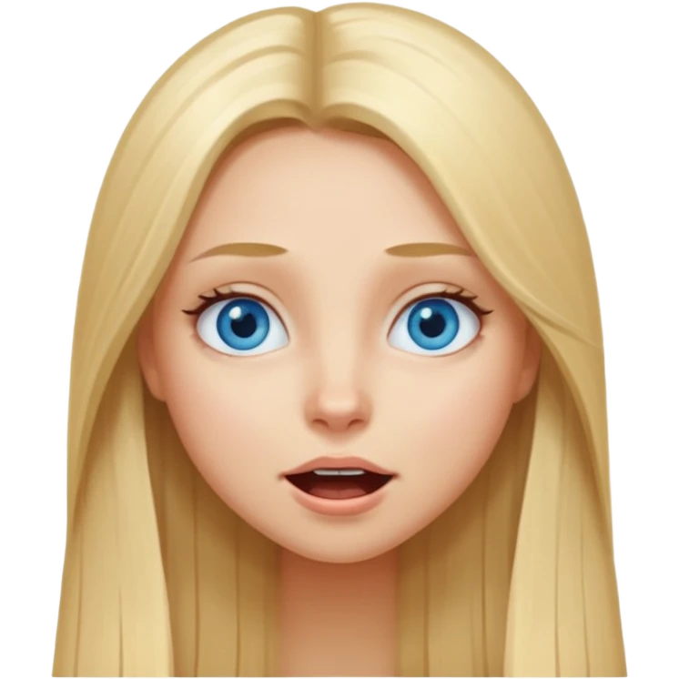A girl that has long blond hair, straight. Blue eyes. And she does like a silly face  emoji