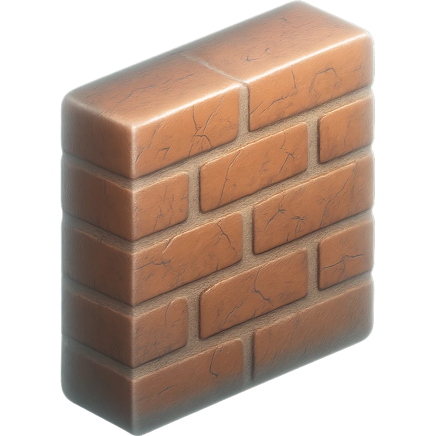 close-up of a brick wall with red and brown bricks, visible mortar, rough texture, natural lighting, slight weathering, cracks in matte glass style emoji