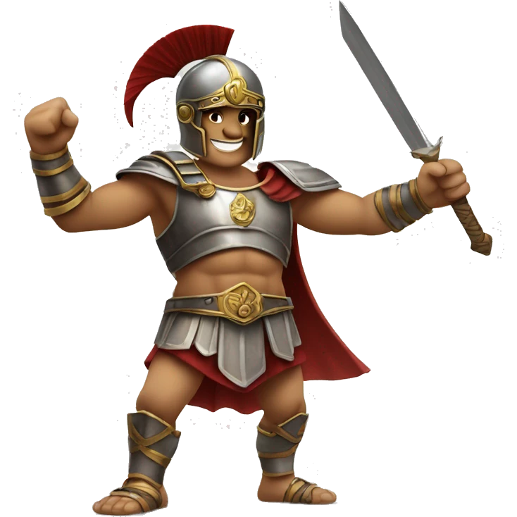 A triumphant gladiator, wearing a helmet and wielding a sword, making a "V" sign with his fingers to symbolize victory and success. emoji